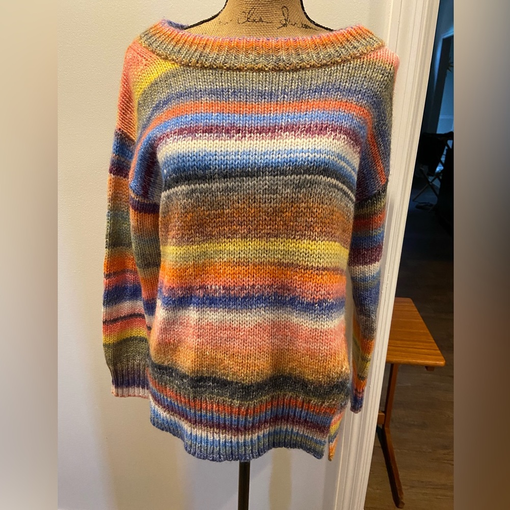 Cinq a’ Sept boatneck multi striped pullover sweater in size small.